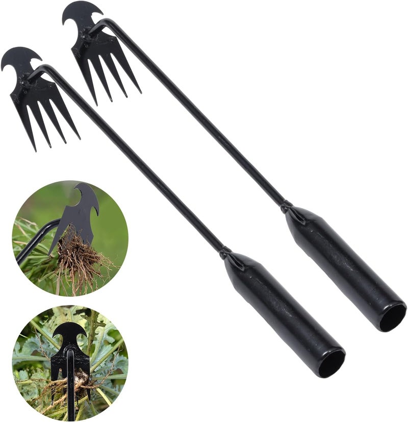 Young4us Garden Weed Pulling Tool Uprooting Weeding Tool, 4 Teeth Weed Puller Tool Manganese Steel Garden Weeder Tool for Vegetable Gardening Planting (Black, 2 Pack, 16 inches) - Image 1